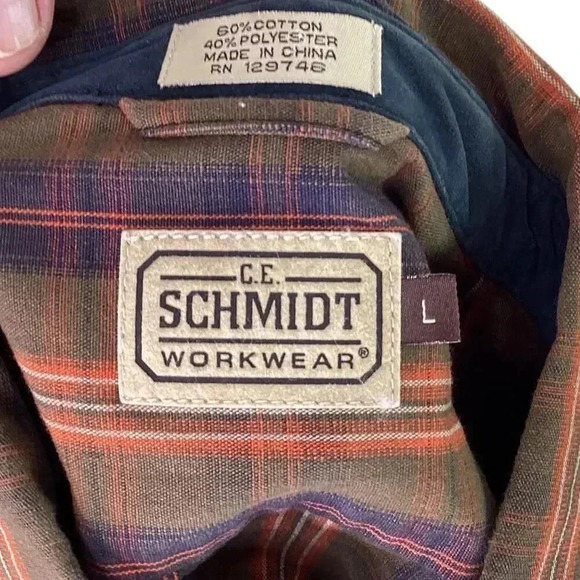 CE Schmidt Workwear Shirt Men L Green Plaid Cotton Blend Button Down Pocket - Picture 7 of 7